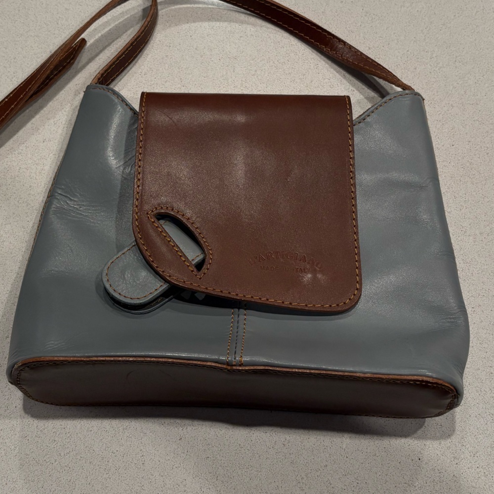 L'Artigiano Blue and Brown Cross Body Purse Made in Italy Brown Leather Strap